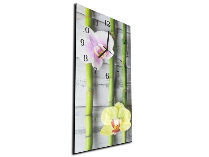 Nástěnné hodiny orchidej růžový a žlutý, bambus 30x60cm (Materiál kalené sklo)
