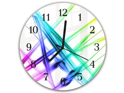 Nástěnné hodiny kulaté pr.30cm barevné paprsky na bílém (Materiál kalené sklo)