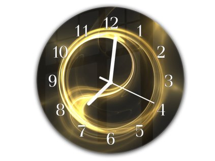 Nástěnné hodiny kulaté pr.30cm zlatý abstrakt na tmavém podkladu (Materiál kalené sklo)