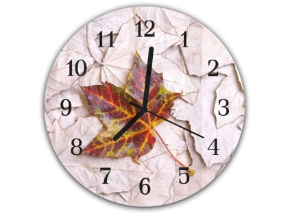 Nástěnné hodiny kulaté pr.30cm javorový list v detailu i na pozadí (Materiál kalené sklo)