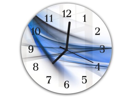 Nástěnné hodiny kulaté pr.30cm modrá vlna na bílém podkladu (Materiál kalené sklo)