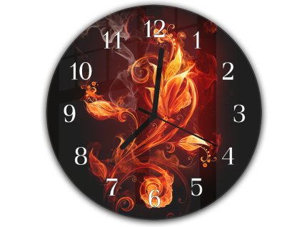Nástěnné hodiny kulaté pr.30cm ohnivý květ na hnědém pozadí (Materiál kalené sklo)