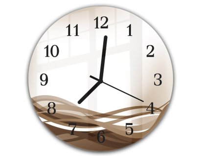 Nástěnné hodiny pr.30cm vektor hnědá vlna na béžovém podkladu (Materiál kalené sklo)