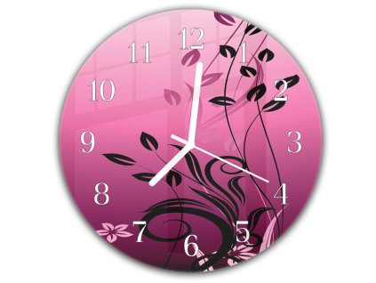 Nástěnné hodiny kulaté pr.30cm malované listí na růžovém pozadí (Materiál kalené sklo)