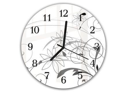Nástěnné hodiny kulatépr.30cm malovaný šedý květinový vzor (Materiál kalené sklo)