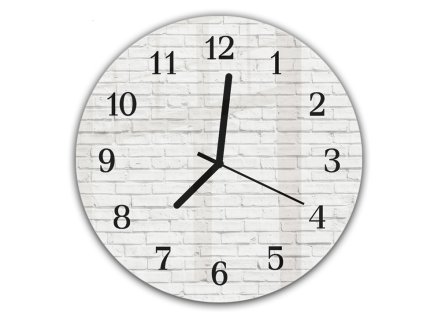 Nástěnné hodiny kulatépr.30cm zeď z bílé cihly (Materiál kalené sklo)