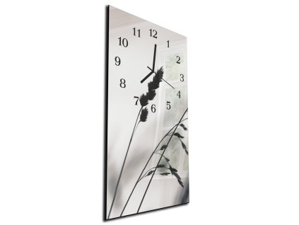 Nástěnné hodiny černobílý stvol trávy 30x60cm (Materiál kalené sklo)