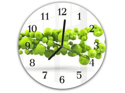 Nástěnné hodiny kulaté pr.30cm ovoce zelené jablka bílé pozadí (Materiál kalené sklo)
