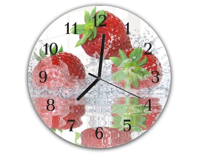 Nástěnné hodiny kulaté pr.30cm ovoce jahody ve vodě (Materiál kalené sklo)