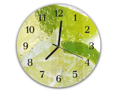 Nástěnné hodiny kulaté pr.30cm detail ovoce limeta ve vodě (Materiál kalené sklo)
