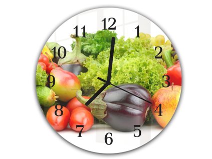 Nástěnné hodiny kulaté pr.30cm čerstvá zelenina na bílém podkladu (Materiál kalené sklo)