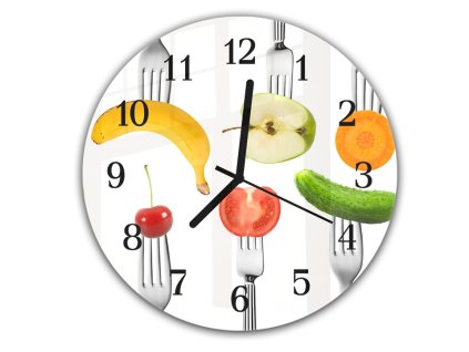 Nástěnné hodiny kulaté pr.30cm zelenina a ovoce na vidličce (Materiál kalené sklo)