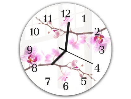 Nástěnné hodiny kulaté pr.30cm květy růžová orchidej (Materiál kalené sklo)