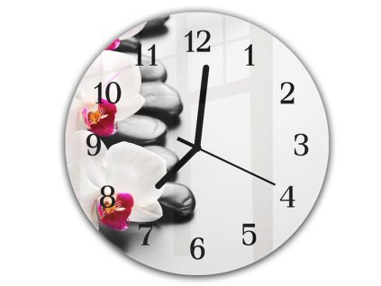 Nástěnné hodiny kulaté pr.30cm bílé květy orchideje na černých kamenech (Materiál kalené sklo)