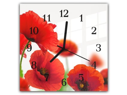 Nástěnné hodiny 30x30cm květy vlčích máků na bílém podkladu (Materiál kalené sklo)