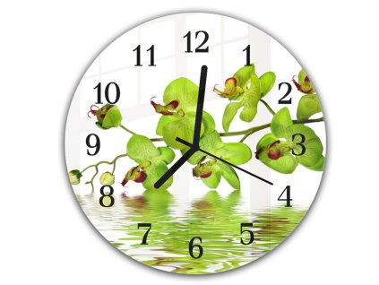 Nástěnné hodiny kulaté pr.30cm květy žluté orchideje nad hladinou (Materiál kalené sklo)