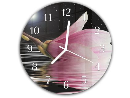 Nástěnné hodiny kulaté pr.30cm květ magnolie na noční hladinou (Materiál kalené sklo)