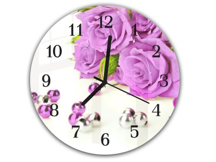 Nástěnné hodiny kulaté pr.30cm fialová růže a perly (Materiál kalené sklo)