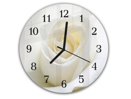 Nástěnné hodiny kulaté pr.30cm detail květu bílé růže (Materiál kalené sklo)