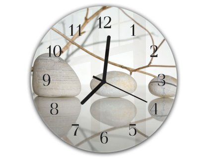 Nástěnné hodiny kulaté pr.30cm bílé kameny zrcadlově na hladině (Materiál kalené sklo)