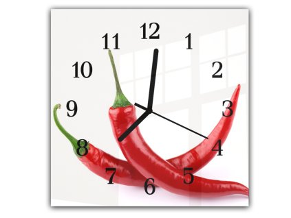 Nástěnné hodiny 30x30cm dvě papričky chilli červené na bílém (Materiál kalené sklo)