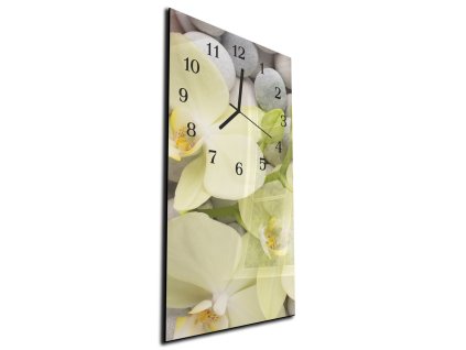 Nástěnné hodiny žlutá orchidej a kameny 30x60cm (Materiál kalené sklo)