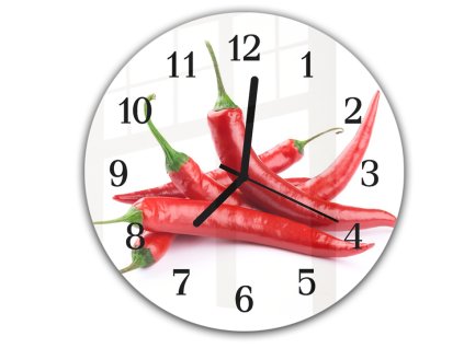 Nástěnné hodiny kulaté pr.30cm pět chilli papriček na bílém podkladu (Materiál kalené sklo)