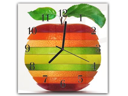 Nástěnné hodiny 30x30cm mix ovoce ve tvaru jabko (Materiál kalené sklo)