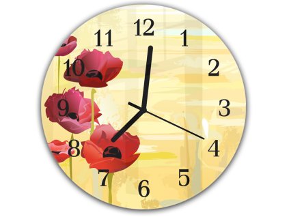 Nástěnné hodiny kulaté pr.30cm malované květy vlčí máky na žlutém podkladu (Materiál kalené sklo)