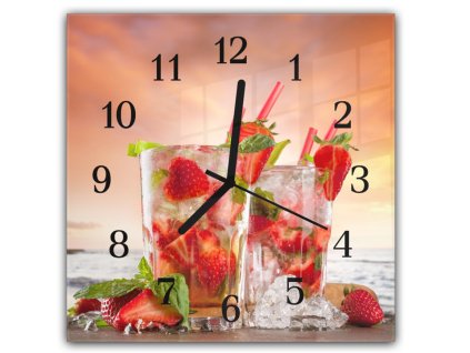 Nástěnné hodiny 30x30cm jahody ve sklenici s ledem (Materiál kalené sklo)