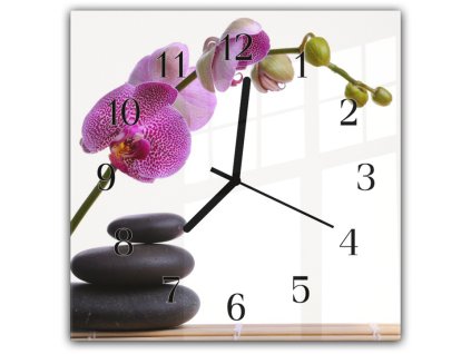 Nástěnné hodiny 30x30cm květy fialové orchideje nad zen kameny (Materiál kalené sklo)