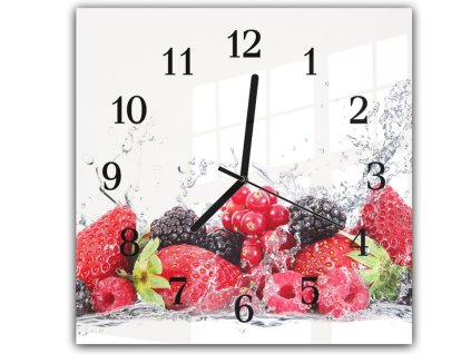 Nástěnné hodiny 30x30cm svěží ovoce ve vodě na bílém podkladu (Materiál kalené sklo)