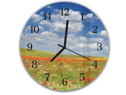 Nástěnné hodiny kulaté pr.30cm letní louka červené vlčí máky (Materiál kalené sklo)