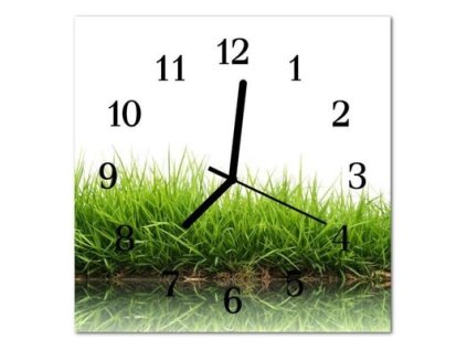 Nástěnné hodiny tráva bílé pozadí 30x30cm (Materiál kalené sklo)