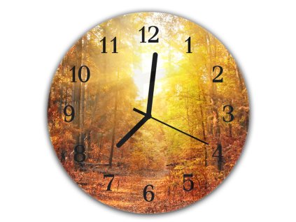 Nástěnné hodiny kulaté pr.30cm východ slunce a podzimní les (Materiál kalené sklo)