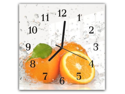 Nástěnné hodiny 30x30cm ovoce pomeranče ve vodě na bílém pozadí (Materiál kalené sklo)