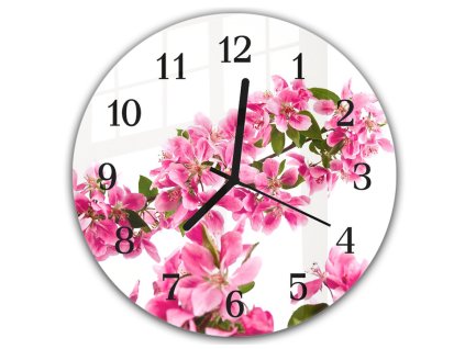 Nástěnné hodiny kulaté pr.30cm jasně růžové květy na větvi (Materiál kalené sklo)