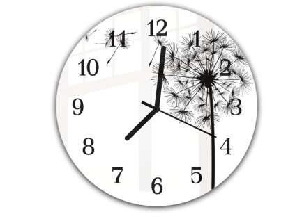 Nástěnné hodiny kulaté pr.30cm malovaná černobílá odkvetlá pampeliška (Materiál kalené sklo)