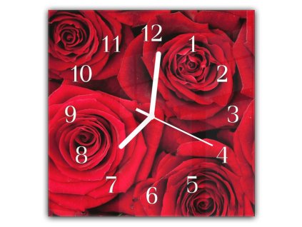 Nástěnné hodiny 30x30cm květy červených růží v detailu (Materiál kalené sklo)