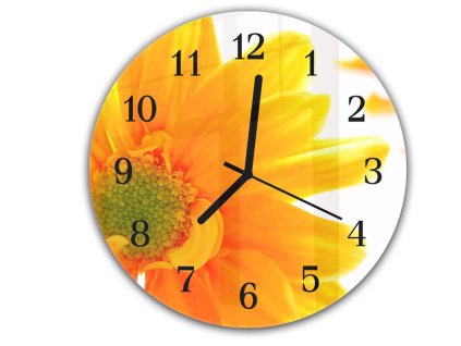 Nástěnné hodiny kulaté pr.30cm detail květu sytě žluté chryzantémy (Materiál kalené sklo)