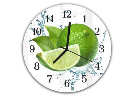 Nástěnné hodiny kulaté pr.30cm čerstvá limetka, lístky a voda (Materiál kalené sklo)