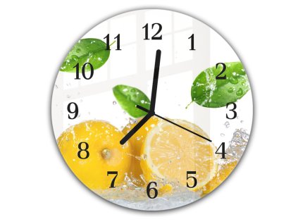 Nástěnné hodiny kulaté pr.30cm čerstvé citrony ve vodě (Materiál kalené sklo)