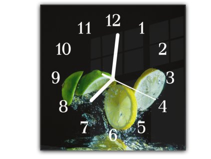 Nástěnné hodiny 30x30cm plátky ovoce limetka ve vodě černé pozadí (Materiál kalené sklo)