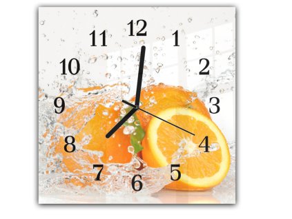 Nástěnné hodiny 30x30cm ovoce ve vodě pomeranč (Materiál kalené sklo)