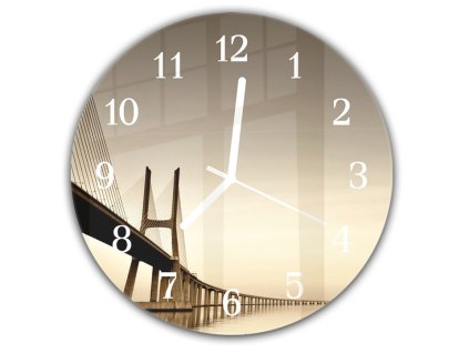 Nástěnné hodiny kulaté pr.30cm most přes moře (Materiál kalené sklo)