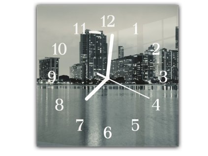 Nástěnné hodiny 30x30cm město Miami v noci černobílá barva (Materiál kalené sklo)