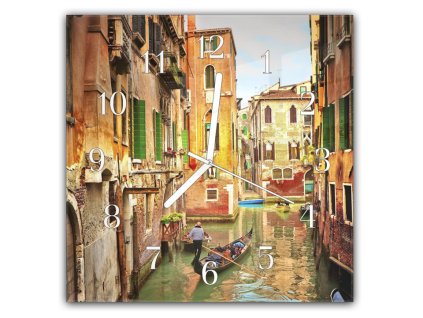 Nástěnné hodiny 30x30cm kanál s gondolou  Italském městě Benátky (Materiál kalené sklo)