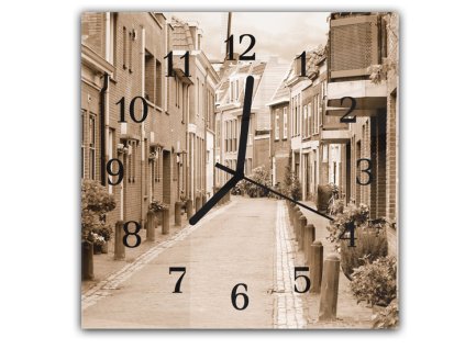 Nástěnné hodiny 30x30cm městská klidná boční ulička (Materiál kalené sklo)