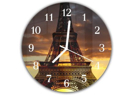 Nástěnné hodiny kulaté pr.30cm detail Eiffelové věže v Paříži (Materiál kalené sklo)