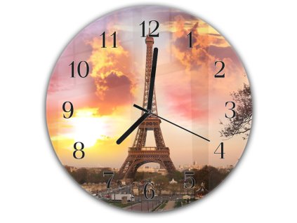 Nástěnné hodiny kulaté pr.30cm Eiffelová věž se západem slunce v Paříži (Materiál kalené sklo)